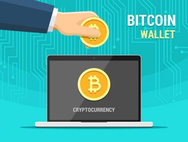 El tutma bitcoin ve dizüstü düz illüstrasyon vektör. Bitcoins cryptocurrency tarafından elektronik cüzdan ikmal