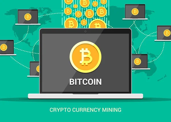 Kleurrijke Platte Vectorillustratie Van Cryptocurrency Bitcoin Wereld Mijnbouw Laptops Met — Stockvector