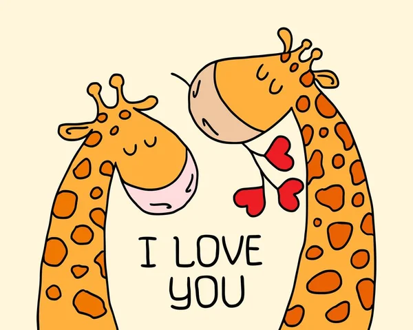 Deux Jolies Girafes Sur Fond Jaune Isolé Carte Amour Dessin — Image vectorielle