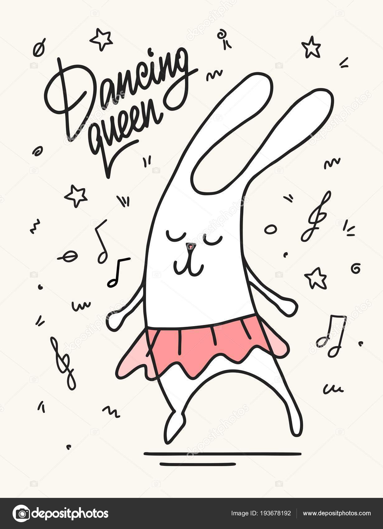 Cartoon Bunny Dancing Dancing Queen Cute Funny Vector Animal Flat Stock