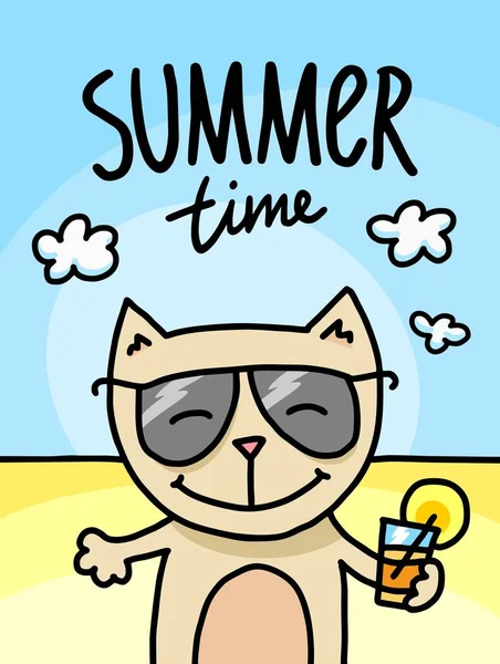 Gato Feliz Tener Relajarse Playa Del Océano Verano Lindo Animal — Archivo Imágenes Vectoriales