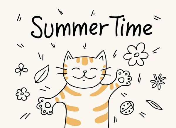 Όμορφη Γάτα Για Τον Στο Γρασίδι Χαλαρώσουν Θερινή Ώρα Χαριτωμένο — Διανυσματικό Αρχείο