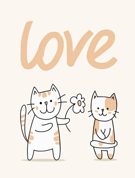 Dvě Kočky Roztomilý Vektor Květem Kreslená Ilustrace Byt Zvířecí Láska — Stockový vektor