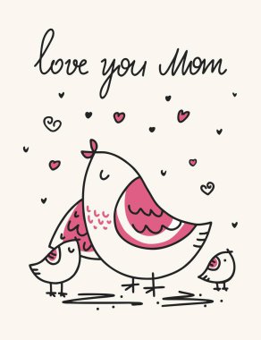 Kuş ve sevimli çocukları olan Anneler günü vektör kartı. Düz anneler günü hayvan illüstrasyon karikatür