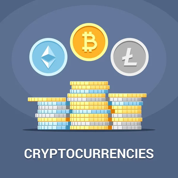 Bitcoin Litecoin Ethereum Munt Stapels Platte Vectorillustratie Crypto Valuta Concept — Stockvector