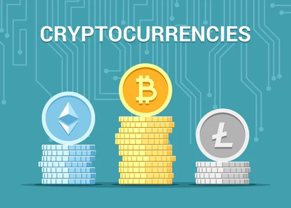 Bitcoin Litecoin Ethereum Crypto Coins Трех Пачках Векторная Плоская Концепция — стоковый вектор
