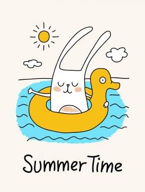 Mutlu karikatür tavşan lastik ördek ile denizde yüzüyor. Yaz saati vektör düz illüstrasyon kart