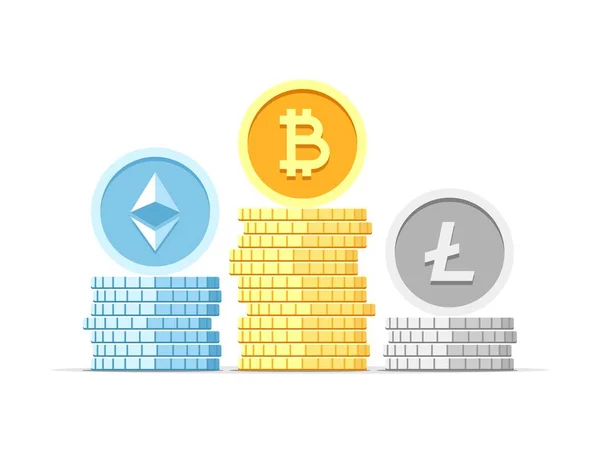 Bitcoin Litecoin Ethereum Crypto Munten Drie Stapels Geïsoleerd Een Witte — Stockvector