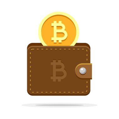 Bitcoin m-cüzdan ve sikke üzerinde izole beyaz arka plan içinde. Dijital cryptocurrency düz çizimi renkli vektör