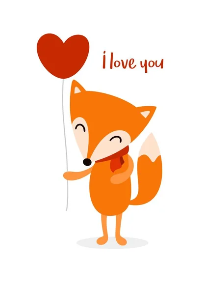 Vector Plano Pequeño Zorro Lindo Amor Con Globo Corazón Rojo — Vector de stock