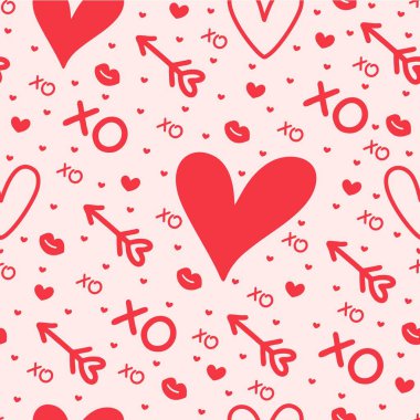 Kalpli, oklu ve öpücüklü, hiç bitmeyen bir ışık deseni. Sevgililer Günü arkaplanı