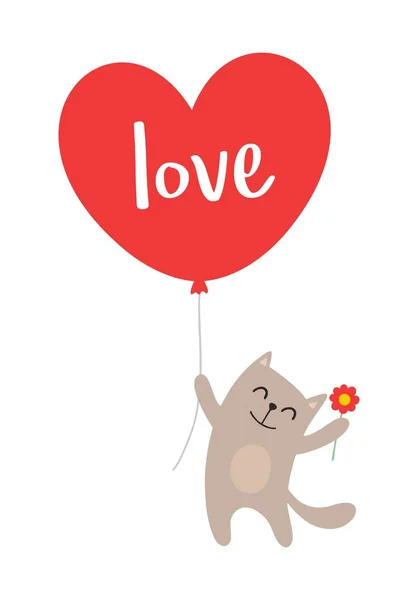 Funny Cat Flying Balloon Love Dating Valentines Day Hand Drawn — Stock Vector