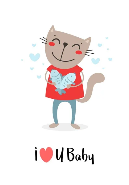 Ručně Kreslená Roztomilá Kočka Zamilovaná Srdce Ryb Valentines Day Vektor — Stockový vektor