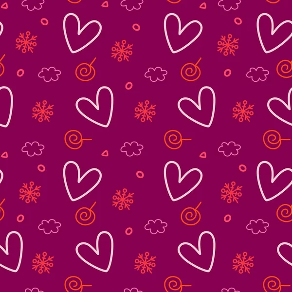 Cute Never Ending Background Pattern Candies Snowflakes Hearts Valentines Day — ストックベクタ