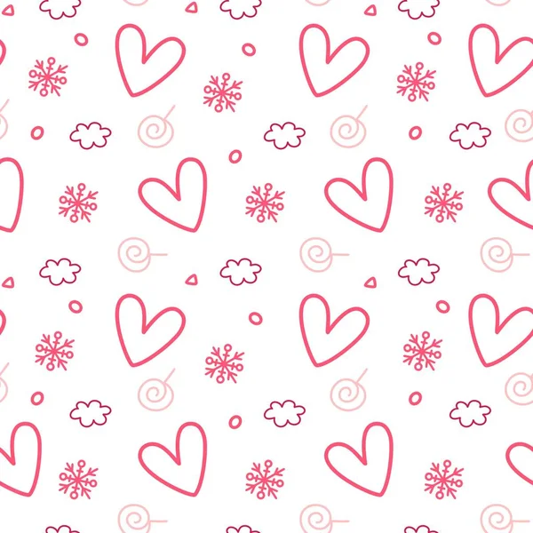 Симпатичный Нескончаемый Фон Конфетками Снежинками Сердечками Иллюстрация Дню Святого Валентина — стоковый вектор
