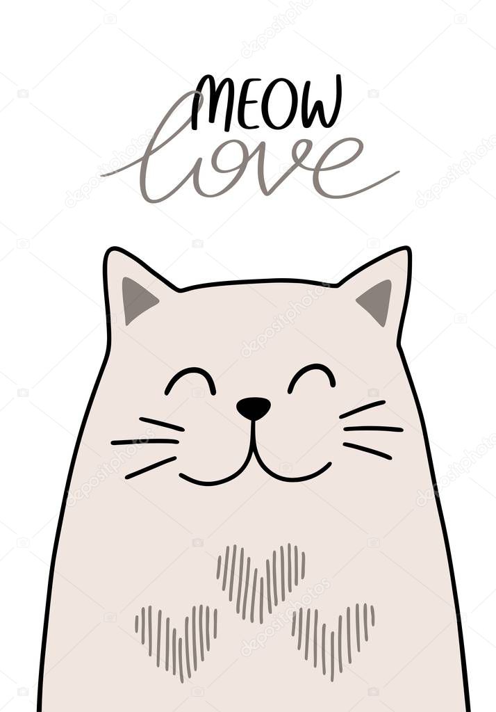 Cute vector illustration of a happy cat. Love pets hand drawn character. Happy Valentines day greeting card