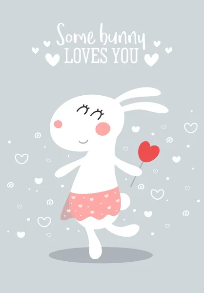 Cute White Little Bunny Red Heart Valentines Day Flat Vector — Stock vektor