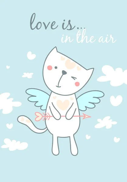Drôle Chat Cupidon Volant Dans Ciel Bonne Carte Cadeau Saint — Image vectorielle