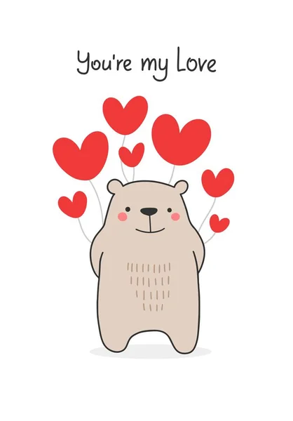 Funny Bear Balloons Hearts Love Flat Vector Illustration Happy Valentines — 스톡 벡터