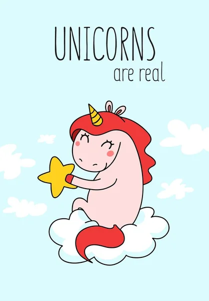 Unicorn Kecil Yang Lucu Duduk Awan Dengan Bintang Ilustrasi Vektor - Stok Vektor
