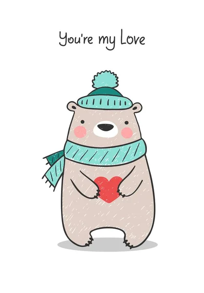 Cute Kind Hand Drawn Bear Scarf Heart Happy Valentines Day — 스톡 벡터