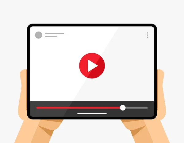 İnsan eliyle tablet modeli. Beyaz arkaplanda video oynatıcı uygulaması. Çal, durdur, kaydırma düğmesi. Eps10 Vektörü