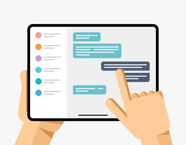 Tablet Maqueta Mano Humana Aplicación Mensajería Chat Lista Usuarios Burbuja — Archivo Imágenes Vectoriales