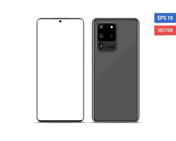 Samsung Galaxy S20 Ultra 'nın beyaz arka planda izole edilmiş gerçek vektör düz maketi. Resmi herhangi bir çözünürlükte ölçekle