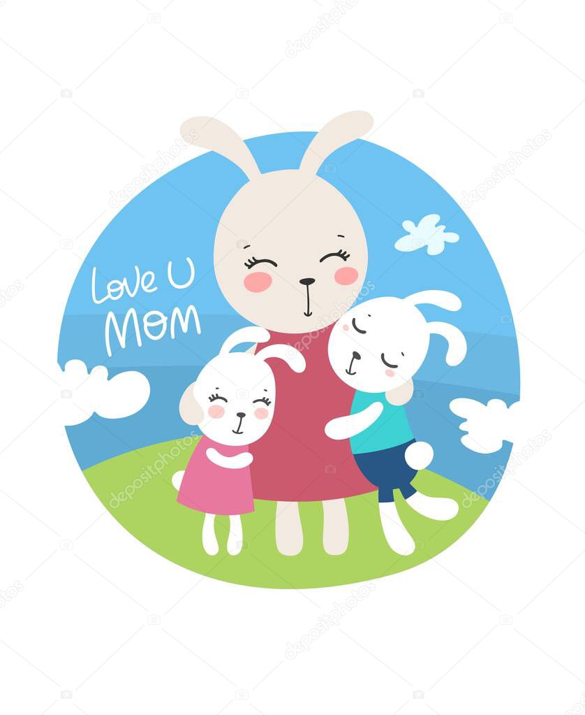 Hand drawn cute happy bunnies: mother, daughter and son hugging on the background of blue sky and green grass with white clouds and text. Mothers day flat vector illustration