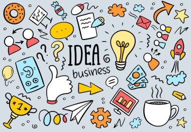 Ampul, fare, para, bilgisayar, mektup, kahve ve diğerleri ile renkli karalama fikri.