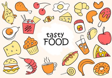 Suşi, sosis, muz, sosis, taco, peynir, ekmek, kahve, yumurta, kruvasan ve diğerleri ile lezzetli yiyeceklerin renkli karikatür arka planı