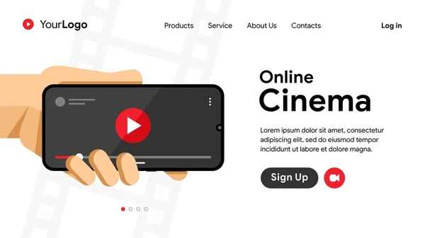 Çevrimiçi sinema. Video, klip, akıllı telefondan film izleme. Elinde video uygulaması olan bir telefon ekranda. İniş sayfası vektör pankartı. EPS 10