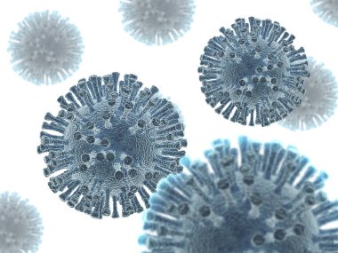 Ncov alan derinliğindeki bir yığın koronavirüsün beyaz arka grubunda 3D çizimi