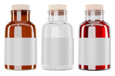 Beyaz arka planda etiketli küçük şişelerin üç boyutlu çizimi. Renkli cam, boş, iksir varyantlarıyla dolu. Ön görünüm.