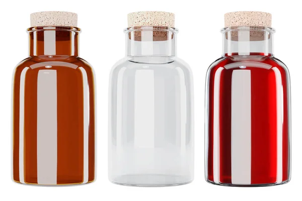 Renderowania Ilustracji Małych Butelek Makiety Izolowane Białym Tle Kolorowe Szkło — Zdjęcie stockowe
