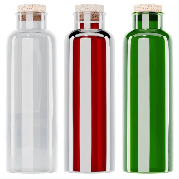Illustratie Van Kleine Flessen Mockups Geïsoleerd Witte Achtergrond Gekleurd Glas — Stockfoto