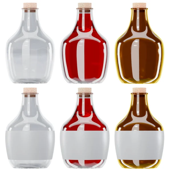 Renderowania Ilustracji Małych Butelek Makiety Izolowane Białym Tle Szkło Barwione — Zdjęcie stockowe