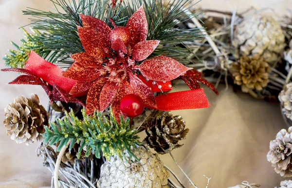 Decorazione natalizia con fiori di agrifoglio, coni e abete — Foto Stock