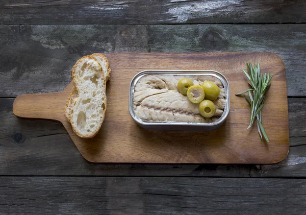 Canned Mackerel Can Rustic Wooden Table — Stock Photo, Image