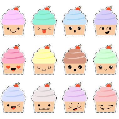 Cupcakes şirin emoji, kawaii ifadeler kümesi karşı karşıyadır. Vektör çizim.
