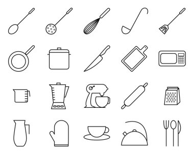 Mutfak set vektör hat simgeleri ile ilgili. Bıçak, pan ve blender gibi simgeleri içerir. 48 x 48 piksel ile düzenlenebilir kontur.