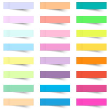 Boş renkli yapışkan notlar şeffaflık gölgeler beyaz zemin üzerine izole kümesi. Vektör çizim.