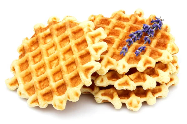 Runde belgische Waffeln mit Lavendel isoliert. — Stockfoto