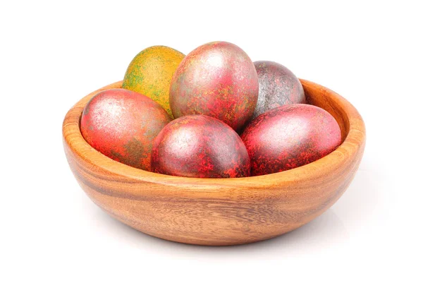Painted Easter eggs iin wooden bowl isolated . — Stock Photo, Image