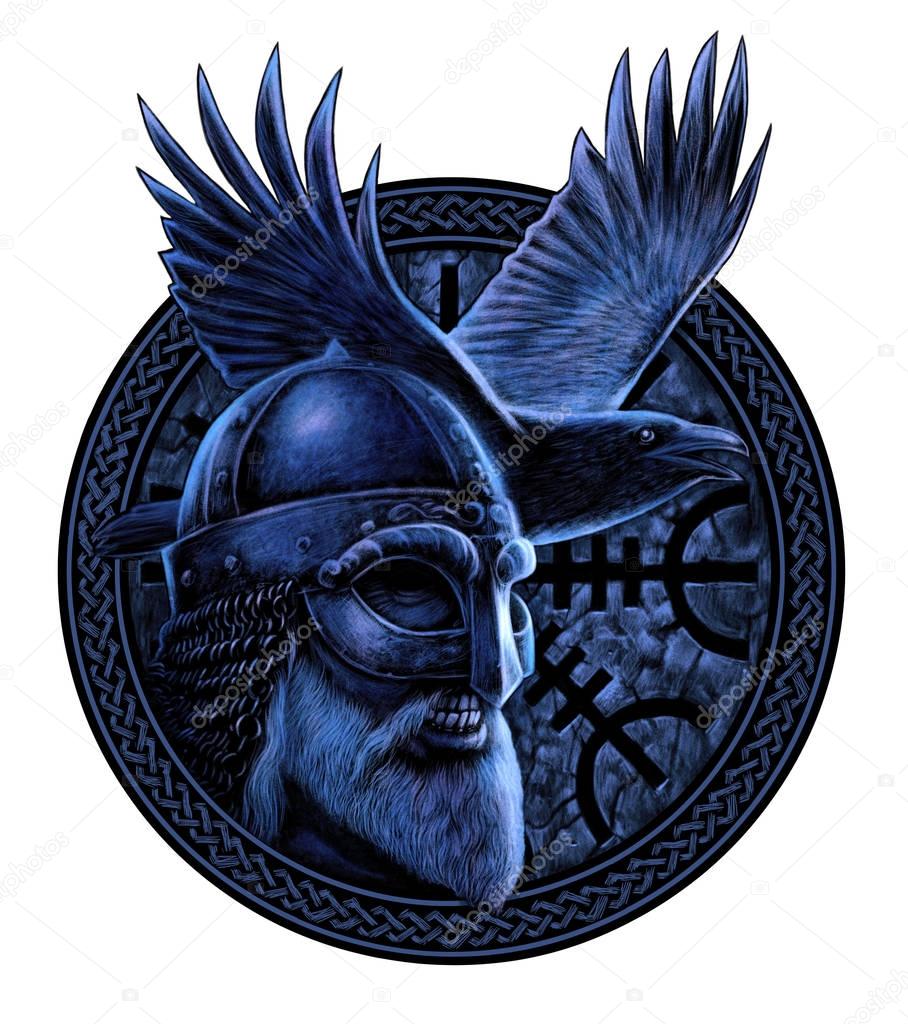 Norse God Odin with crow. Graphic illustration in the ring. Celtic ornament. Viking Warrior.