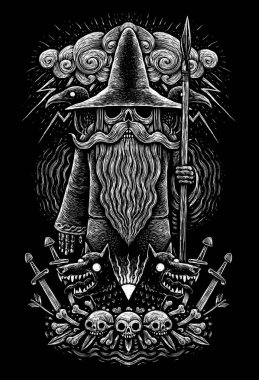 Viking Tanrı Odin mızrak Kuzgunlar ile