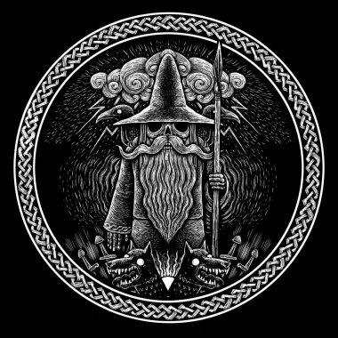 Viking Tanrı Odin mızrak Kuzgunlar ile