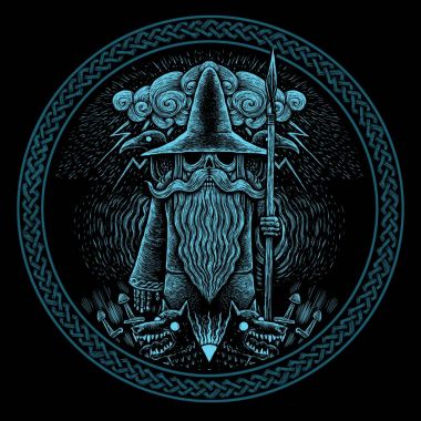 Viking Tanrı Odin mızrak Kuzgunlar ile