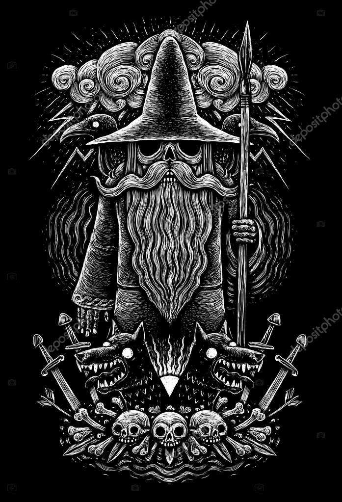 Viking God Odin with spear ravens and wolves Graphic illustration in the ring. Celtic ornament.