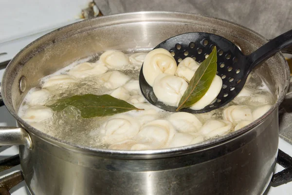 Dumplings stew in the pot with spices and the Bay leaf. — Stock Photo, Image